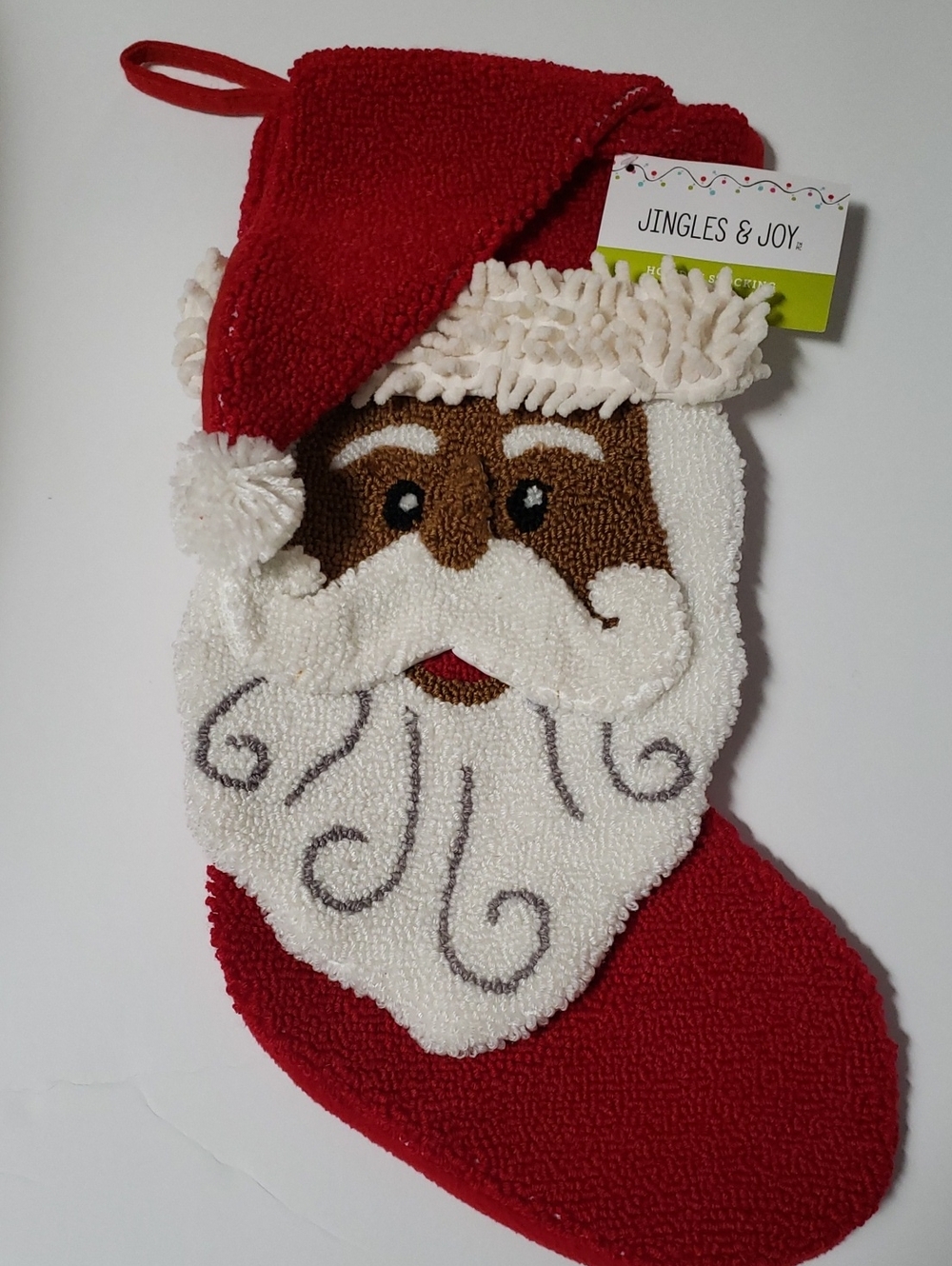Jingles and Joy Black Santa Loop Weave Christmas Stocking, NWT